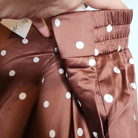 4X 26W Torrid Brown Polka Dot Midi Stretch Satin Skirt Hi Lo Ruffle Pockets Pull - Picture 5 of 7